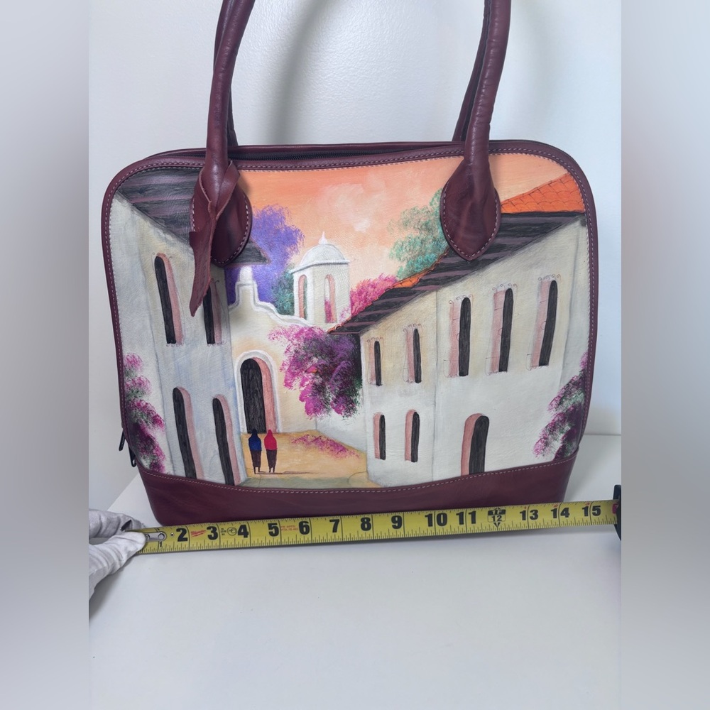 Hand-Painted Leather Tote Bag – Maschio’s Honduras Scenic Painting Brown Leather - Picture 10 of 11